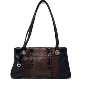 Brighton Leather East West Shoulder Tote Bag Black Pebbled Brown Croc Embossed